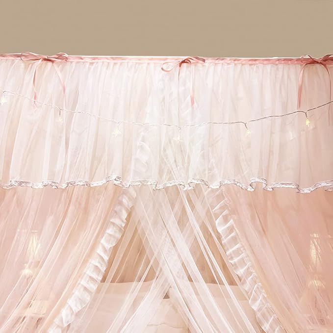 Mengersi Canopy Bed Curtains with Lights,4 Corner Bed Canopy Royal Luxurious Bed Drapes Netting,Princess Bed Curtains for Girls Adults Bedroom Decoration (Peach, Twin)