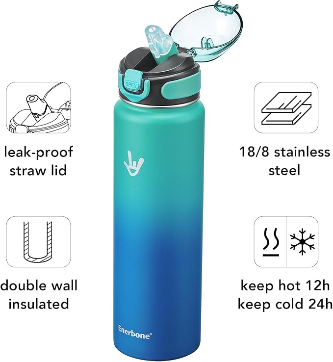 Enerbone Insulated Water Bottle, 32 oz Stainless Steel Water Bottles with Carrying Strap, Double-Wall Vacuum Insulation Thermos, Leakproof Sports Bottle with Straw, Keep Drinks Hot or Cold for Hours