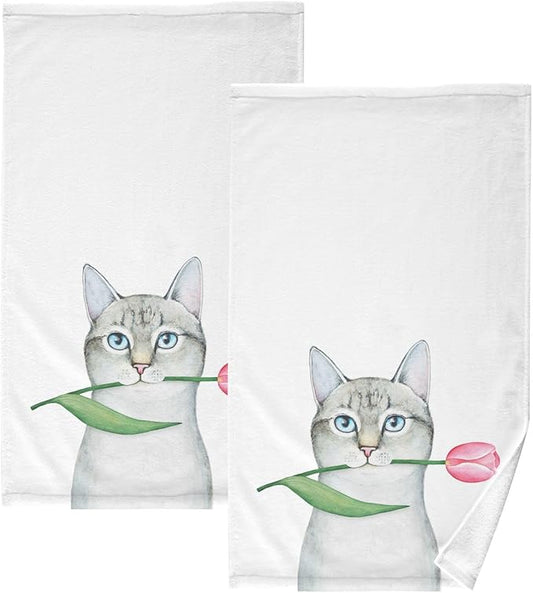 Cat Holding A Tulip Bath Hand Towel Soft Cotton Highly Absorbent Fingertip Towels for Bathroom Beach Kitchen Sports Gym Yoga Travel (2-Pieces Towel Sets, 28x16 inch)