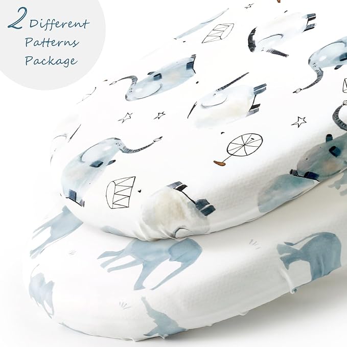 GRSSDER Stretchy Ultra Soft Fitted Bassinet Sheet Set 2 Pack, Universal Fitted for Bassinets Baby Cradle Moses Basket Oval Rectangle Mattress Safe and Snug, Cute Elephant Print