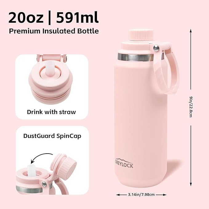Greylock 20 oz Water Bottle Insulated, BPA-Free Reusable Water Bottles Stainless Steel, Leak Proof Kids Travel Water Bottle with Straw Lid, Double-Wall Vacuum Insulation, 24 Hours Cold (Light pink)