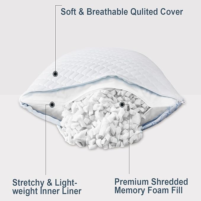 Uniqwamer Cooling Bed Pillows for Sleeping 2 Pack Shredded Memory Foam Adjustable Pillows Queen Size Set of 2 for Side Back Sleepers - Luxury Extra Comfy Gel Pillows with Washable Removable Cover