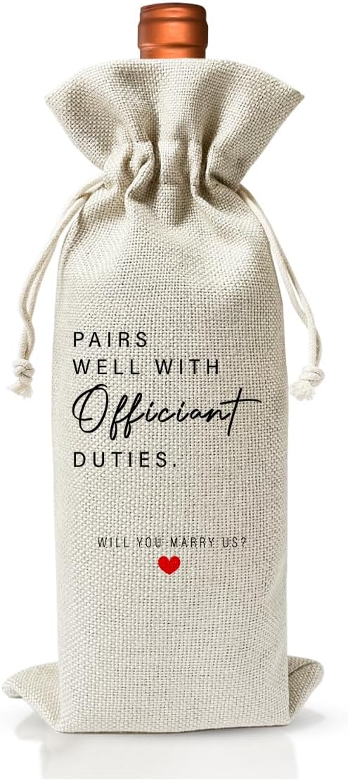 Wedding Officiant Gift Wine Bag, Ordained Minister and Pastor Appreciation Gift, Engagement Gift, Engagement Party Supply Favor, Officiant Gift Idea, Proposal Gift, Cotton Linen Wine Bag