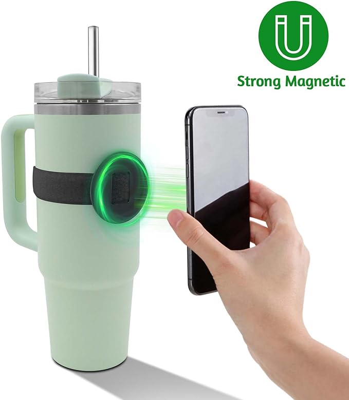 Watter Bottle with Magsafe Phone Holder, Magnetic Holder Adjustable Strap Compatible with Stanley Tumbler Cup Owala 32oz for iPhone Android Devices 2x Metal Iron Ring (Black)