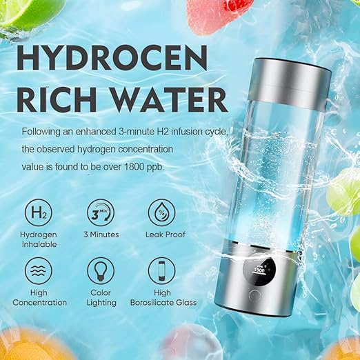 Hydrogen Water Bottle is a 3-Purpose Hydrogen Water Generator That uses Advanced SPE and PEM 15 Minutes About 5000 ppb of odourless Hydrogen Water(Silver/380ML)