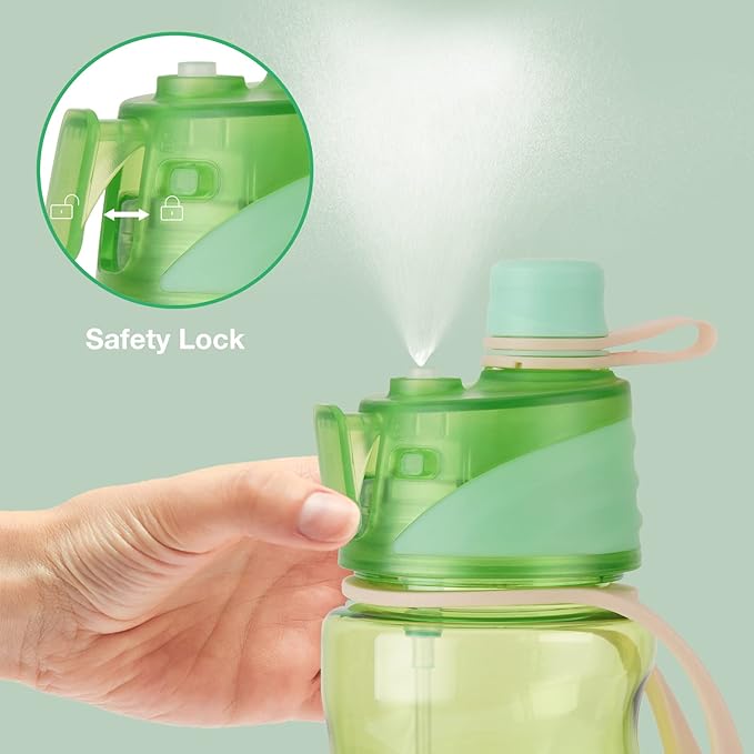 FEIJIAN Mist Water Bottle,22oz Sports Water Bottle with 2-IN-1 Mist & Sip Function, BPA-Free Plastic Water Bottles, Misting Water Bottle, Leakproof & Lightweight, Ideal for Fitness and Outdoor, Green