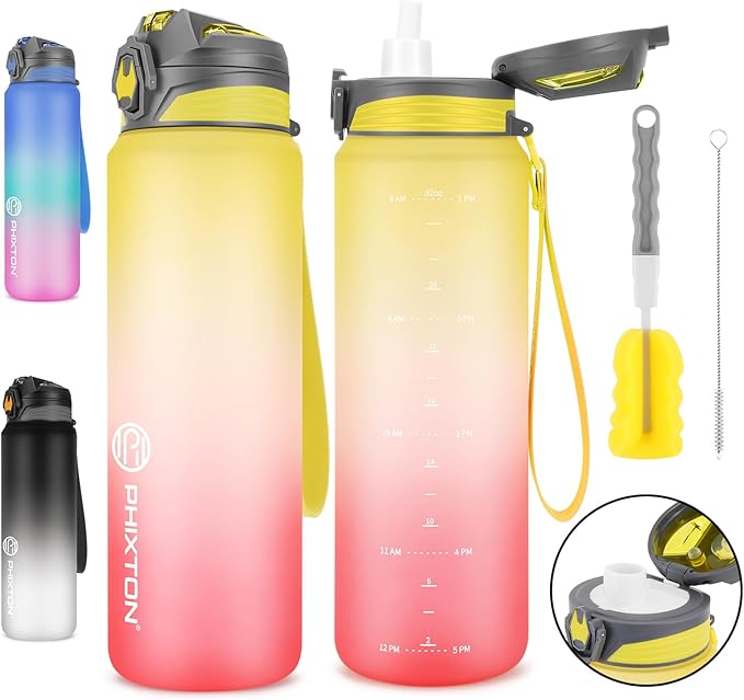 PHIXTON Sports Water Bottle 32 oz With Time Maker, Removable Straw, BPA Free Thick Tritan Plastic, 32OZ Motivational Leak Proof Waterbottle, Flip Top Hourly Measured Water Jugs For Drinking
