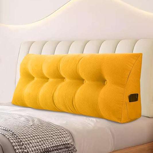 Large Triangular Headboard Pillows Long Backrest Positioning Support Bolster Cushion for Daybed Fluffy Quality Plush Body Wedge Pillow with Removable Cover(Light yellow-Twin/Twin XL-39x8x20 in)