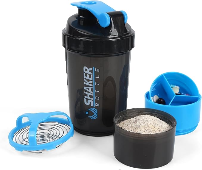 Shaker Bottle - Protein Shaker Cup with Storage Compartments - Leak-proof Workout Shake Bottles with Mixer for Smooth Mixing-500ML/16oz (BLUE & BLACK)