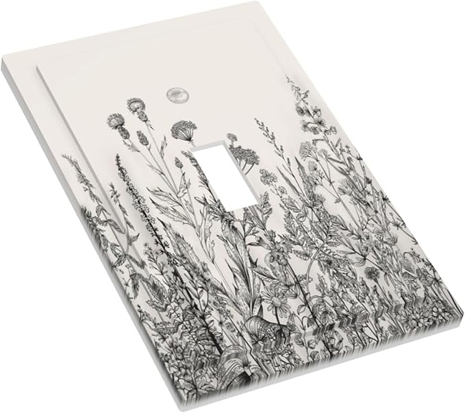 Vintage Grey Floral Herbs Wild Flowers Botanical 1 Gang Boho Light Switch Covers Decorative Country Single Toggle Wall Plate Switchcover Electrical Switchplate for Bedroom Decor