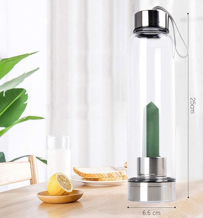 Crystal Glass Water Bottle Energy Quartz Gemstone Water Bottle with Changeable Natural Crystal Center for Healing and Wellness Jade Crystal