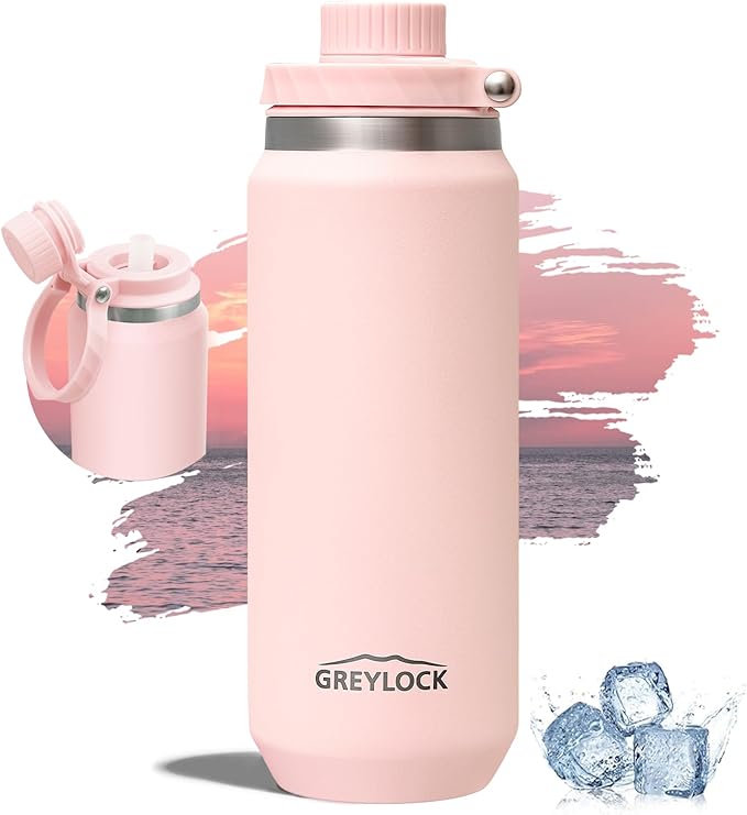 Greylock 20 oz Water Bottle Insulated, BPA-Free Reusable Water Bottles Stainless Steel, Leak Proof Kids Travel Water Bottle with Straw Lid, Double-Wall Vacuum Insulation, 24 Hours Cold (Light pink)