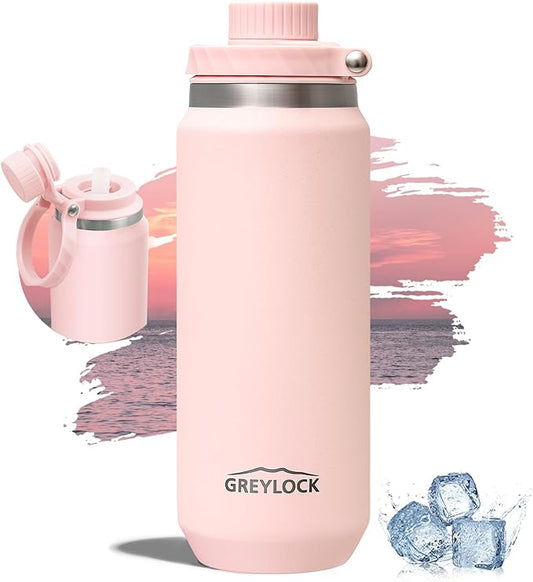 Greylock 20 oz Water Bottle Insulated, BPA-Free Reusable Water Bottles Stainless Steel, Leak Proof Kids Travel Water Bottle with Straw Lid, Double-Wall Vacuum Insulation, 24 Hours Cold (Light pink)