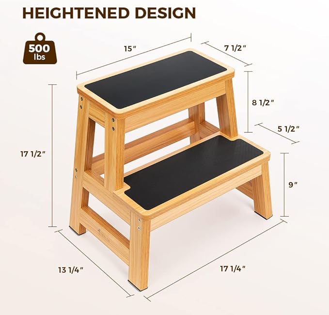 StrongTek 17 Inch Tall Wooden Two Step Stool for Adults & Kids, Versatile as Kitchen Step Stool, Bedside Step Stool, Closet Step Stool, Anti-Slip Surface for Safety & Stability, 500lbs Capacity