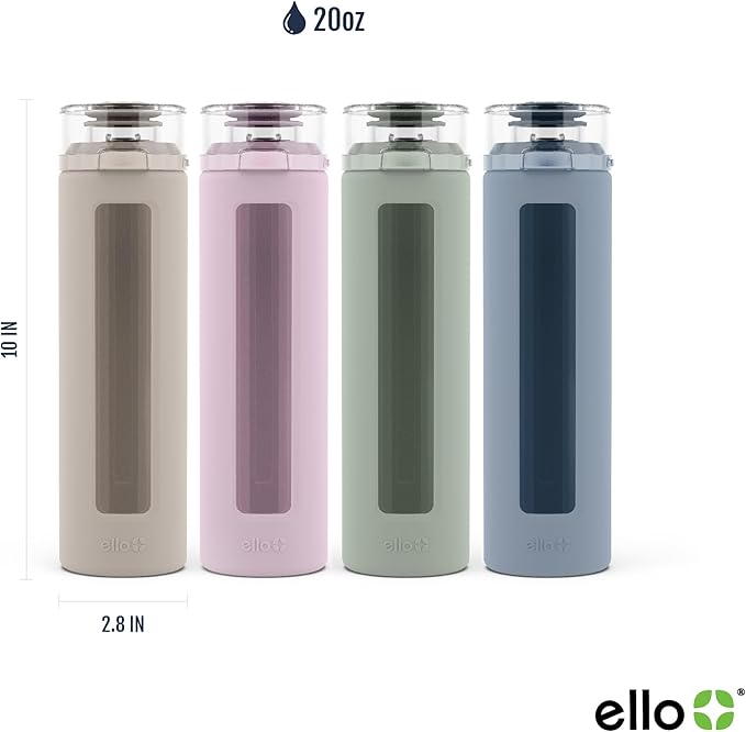 Ello Syndicate Glass Water Bottle with One-Touch Flip Lid and Protective Silicone Sleeve and Carry Loop, BPA Free, Dishwasher Safe,20oz