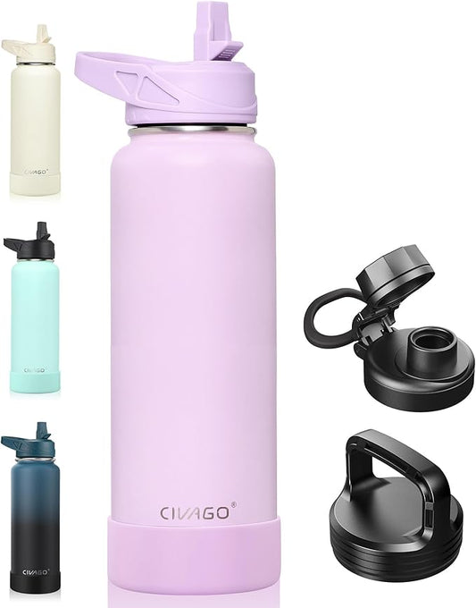 CIVAGO 40 oz Insulated Water Bottle With Straw, Stainless Steel Sports Water Flask Cup with 3 Lids (Straw, Spout and Handle Lid), Double Walled Travel Thermal Canteen Mug, Lavender