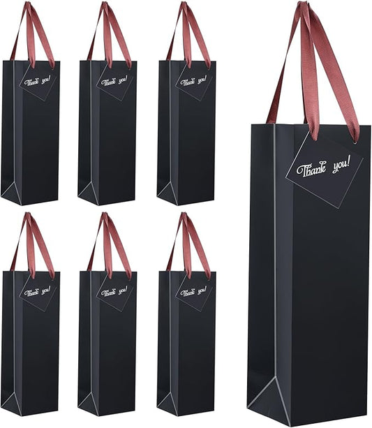 Wine Bags, 6 Packs, Strong Card Paper Wine Gift Bag with Ribbon Handles and Thank You Card, 4-3/8x 4 x 14" Fit 750ml Wine Bottle or Champagnes - Black 6