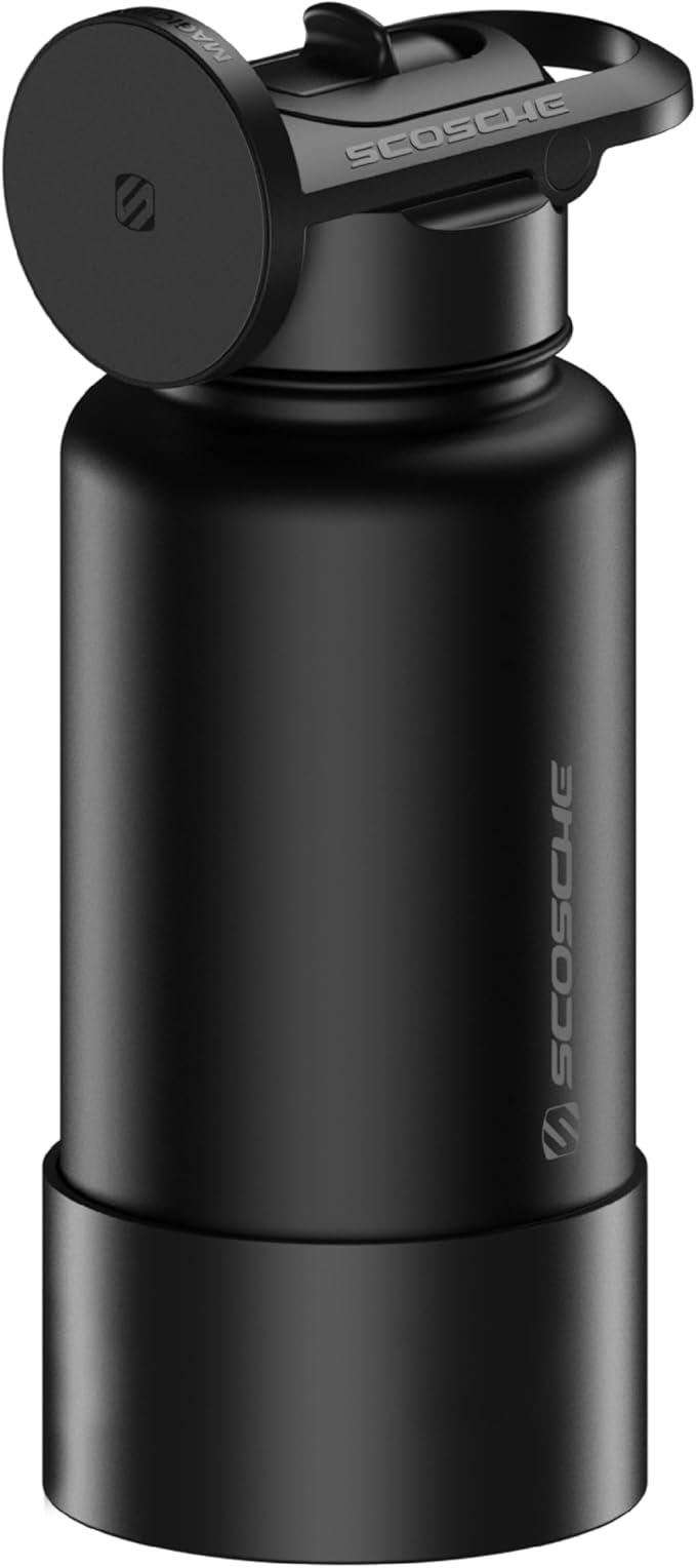 Scosche MFMS32 MagicMount Flask 32oz Stainless Steel Hot & Cold Insulated Sport Water Bottle w/Magnetic Mount Tripod Phone Stand Compatible w/MagSafe iPhone for Cup Holder/Gym/Men/Women/Travel/Black