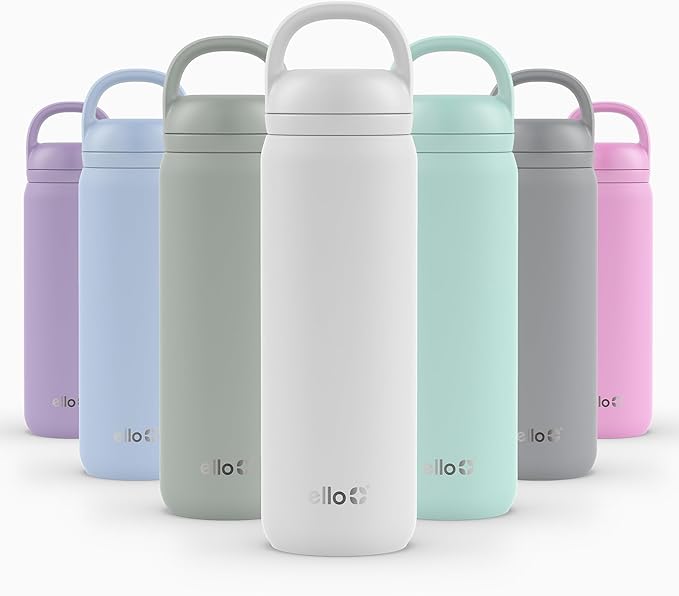 Ello Cooper Twist 22oz Stainless Steel Water Bottle with Chug Lid | Leak Proof Double Walled and Vacuum Insulated | Fits Car Cupholder | Built in Carry Loop | Dishwasher Safe | White
