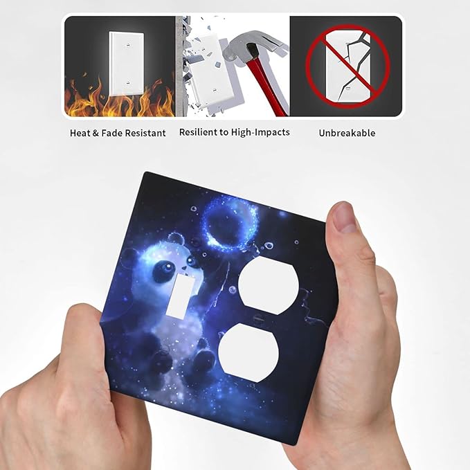 Cute Baby Panda Light Switch Cover Wall Plate Decorative 2 Gang Combination Toggle/Outle Covers Blue for Kitchens Farmhouses Duplex Electrical Receptacle Covers 4.5 x 4.6 in