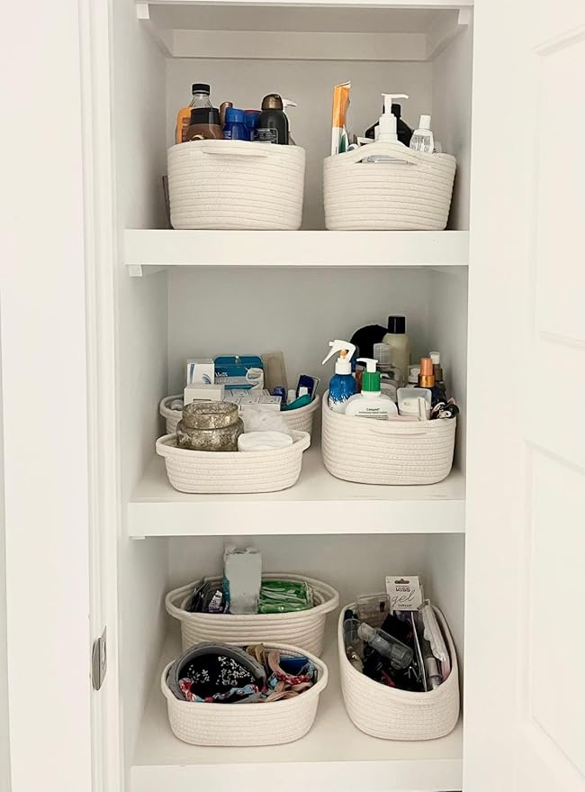 CubesLand Small Shelf Shelves Closet Basket,Back Shool Supplies,Woven Toy Basket Bin for Organizing,Storage Cube Organizer Basket Bin,Dog Cat Toy Basket Box,Over Toilet Storage Basket,White 5-Piece