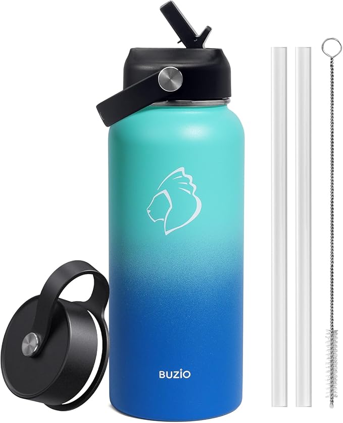 BUZIO Stainless Steel Water Bottle (Cold for 48 Hrs, Hot for 24 Hrs), 32 oz Vacuum Insulated Water Bottle with Straw Lid and Flex Cap (Double Wall, Wide Mouth, BPA Free, Leak Proof), Caribbean Blue