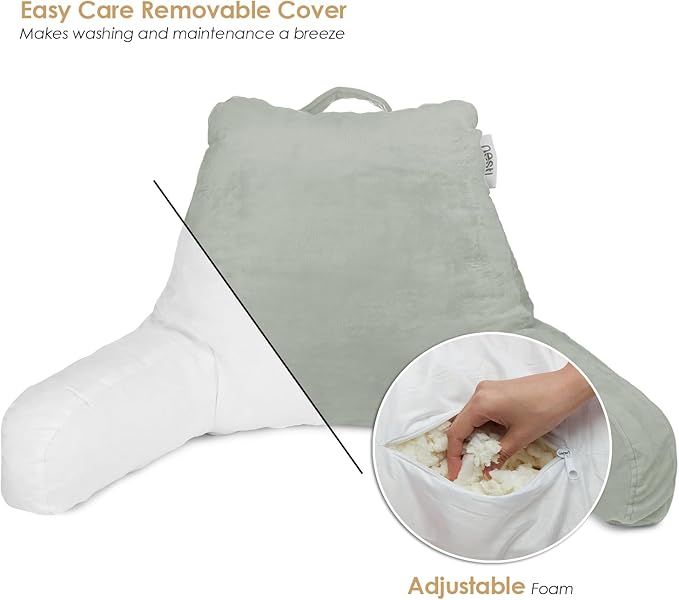 Nestl Reading Pillow Standard Bed Pillow, Back Pillow for Sitting in Bed Shredded Memory Foam Chair Pillow Reading & Bed Rest Pillows Sage Green Back Pillow for Bed, Bed Chair Arm Pillow with Pockets