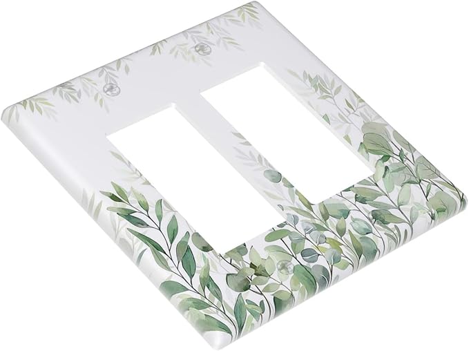 Green Eucalyptus Rustic Botanical Plant Leaves 2 Gang Rocker Decora Boho Light Switch Covers Decorative Dual Outlet Covers Wall Plate Electrical Faceplate Switchplate GFCI for Country Bedroom