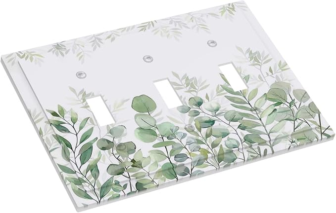 Green Eucalyptus Rustic Botanical Plant Leaves 3 Gang Boho Light Switch Covers Decorative Triple Toggle Wall Plate Electrical Faceplate Switchplate for Country Bathroom Bedroom Decor