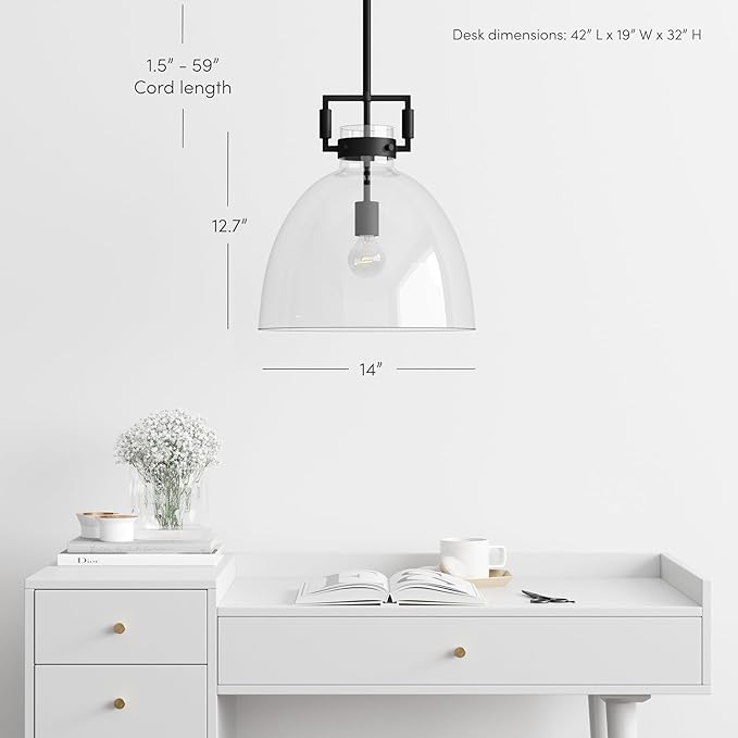 Nathan James Leigh Pendant Lighting, Black Hanging Ceiling Light with Oversized Glass Shade and Adjustable Cord, for Kitchen Island or Entryway, Matte Black/Clear, Set of 2