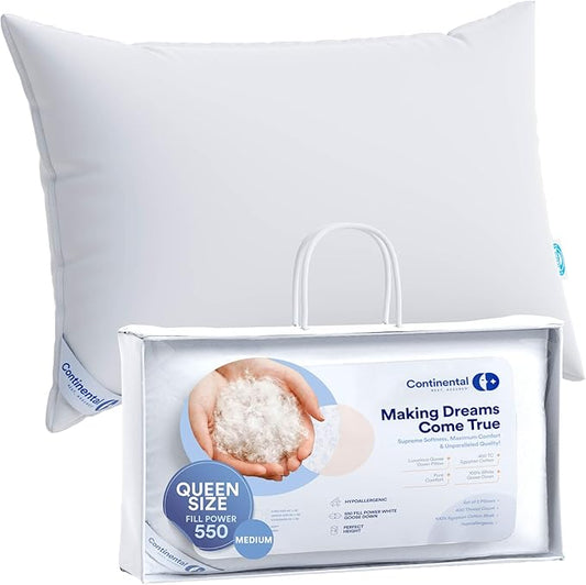 Continental Bedding Medium Queen Pack of 1 White Down Pillows 25 Ounce 550FP Hotel Down Pillows for Supporting Back Side and Stomach Sleepers
