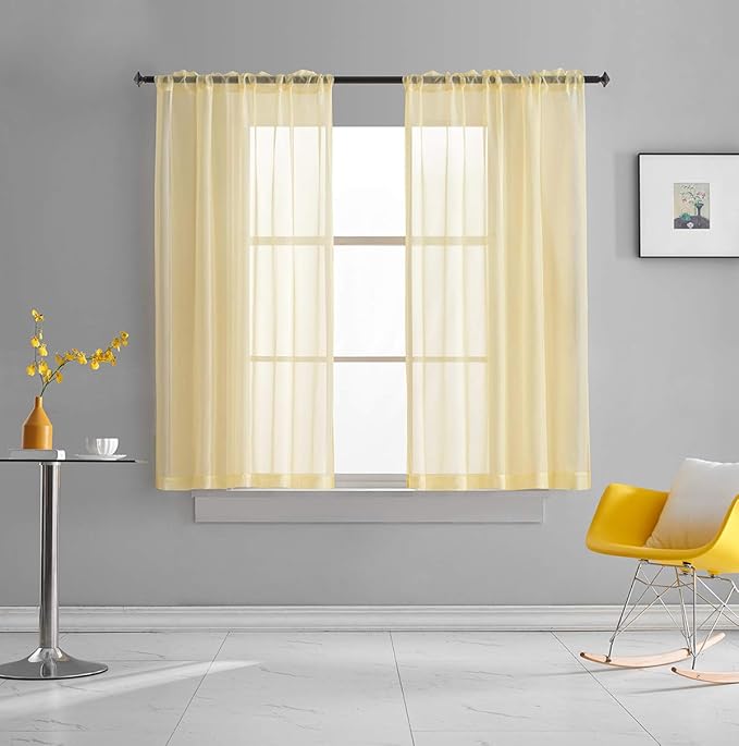 Light Yellow Sheer Voile Curtains Short Translucent 45 Inches Long with Rod Pocket Light Yellow Sheers 45 Inches Long for Small Window Kitchen Bedroom Living Room 2 Panels 52x45