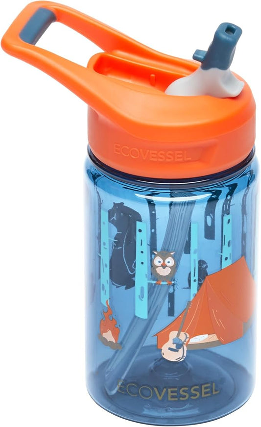 EcoVessel SPLASH Tritan Plastic Kids Water Bottle with Straw, Leak Proof Flip Top Lid, and Carry Handle Kids Cups Sports Water Bottle 12 oz (Camping)