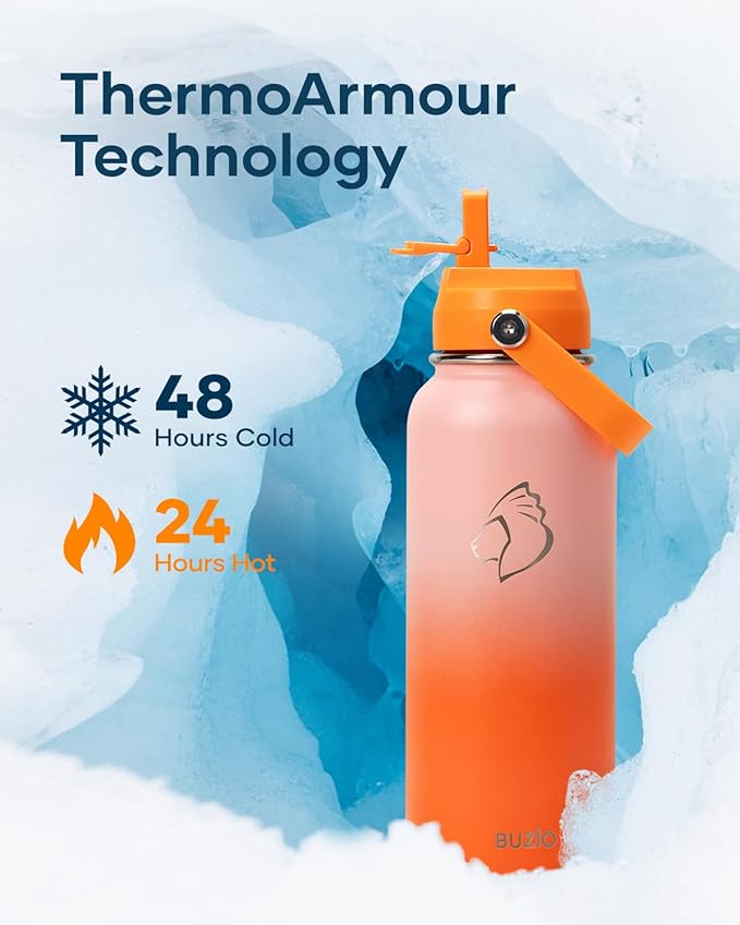 40oz Insulated Water Bottle, BUZIO Stainless Steel Water Flask with Straw Lid and Carrying Pouch, Keep Cold 48h Leak Proof Lead-Free Double Wall Vacuum Thermo Tumbler Sport Metal Canteen, Orange