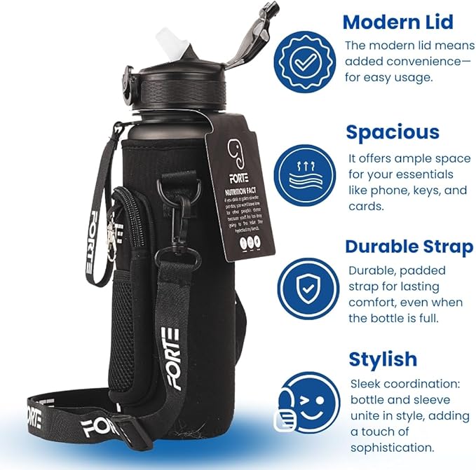 FORTE Plastic Water Bottle with Sleeve - BPA-Free Water Jug with Leak Proof Lid and Straw - Perfect for Gym, Office, and Everyday Use (Black)