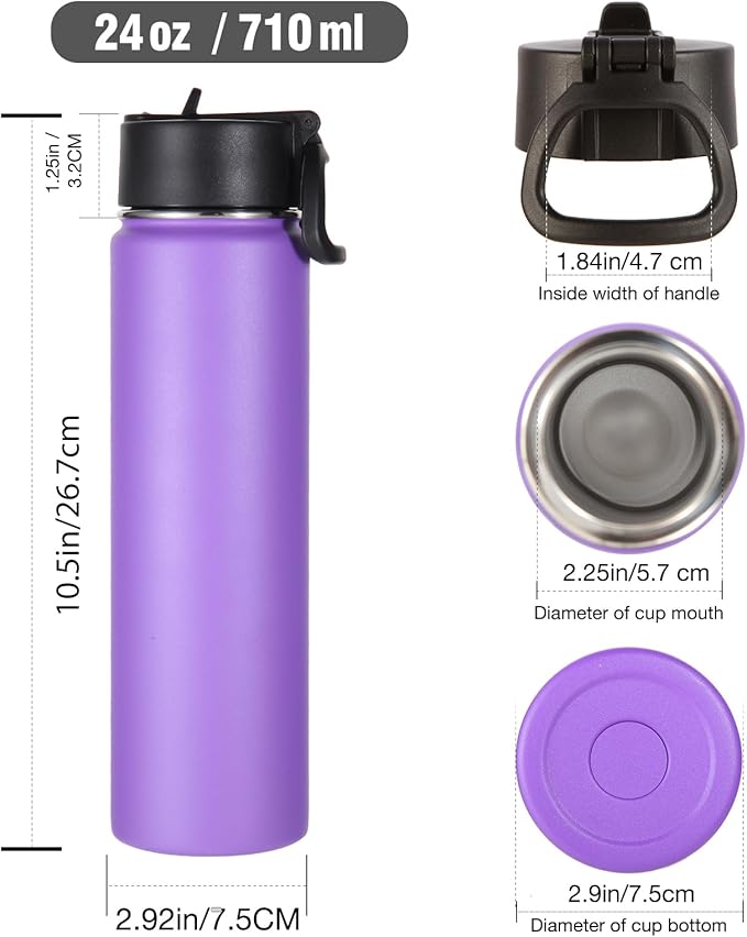 Volhoply 24oz Insulated Water Bottle With Straw Bulk 6 Pack,Metal Wide Mouth Water Bottles With Handle Lid Keep Cold,Reusable Double Wall Thermos,Powder Coated Sport Bottle For Holder(Purple,6 Count)