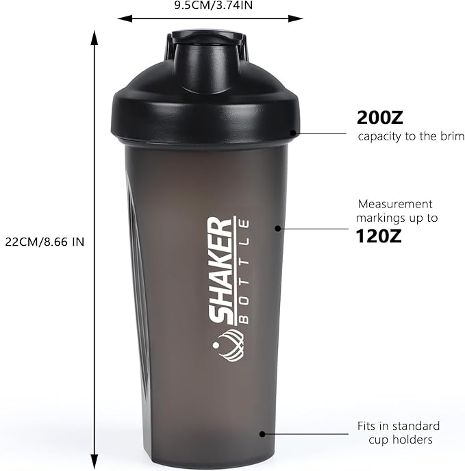 Shaker Bottle, 600ml Classical Protein Shaker Cup with Mixing Ball for Smooth blending, Leak-Proof GYM Workout Water Bottles for protein& Smoothie Shake，Bpa Free (20oz / Black)