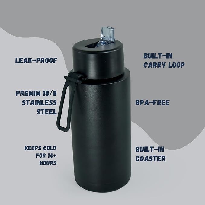 AGH 30oz Water Bottle - Double Wall Vacuum Insulated Stainless Steel Tumbler with Straw - Black