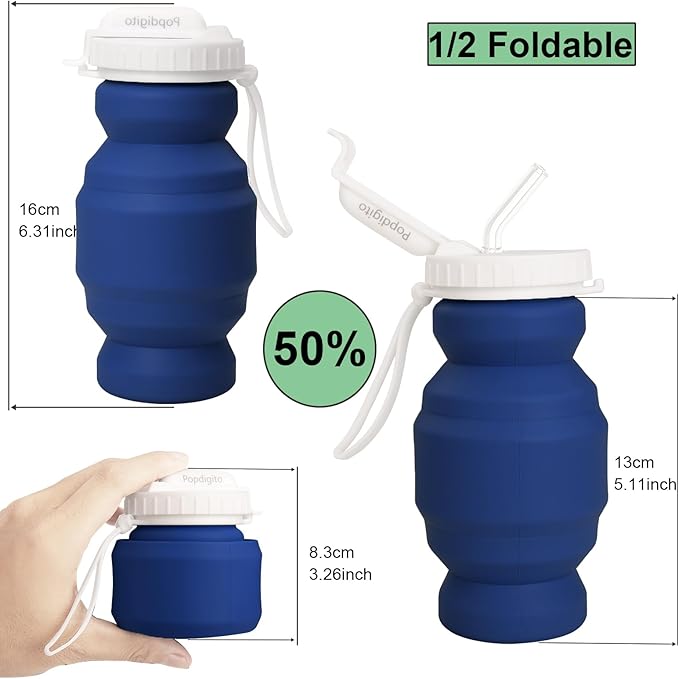 Collapsible Water Bottles 20.7oz Leakproof with Straw Lid Food-Grade BPA-Free Silicone Travel Foldable Water Bottles for Sports Office Gym Hiking Driving 610ML (navy blue little 320ml)