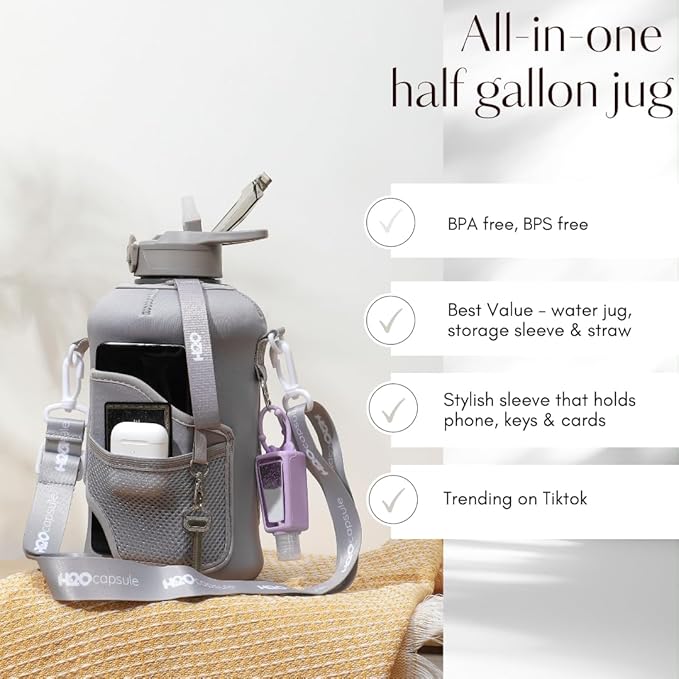 H2O Capsule 2.2L Half Gallon Water Bottle with Storage Sleeve and Removable Straw – BPA Free Large Reusable Drink Container with Handle - Big Sports Jug, 2.2 Liter (74 Ounce), Ashville