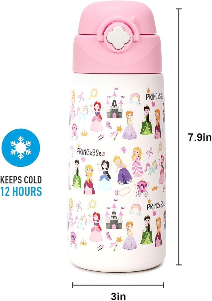 Kids Insulated Water Bottle with Covered Pop-Up Straw,16oz Kids Cups with Stainless Steel Leak Proof for School Boys Girls（4-Princess）