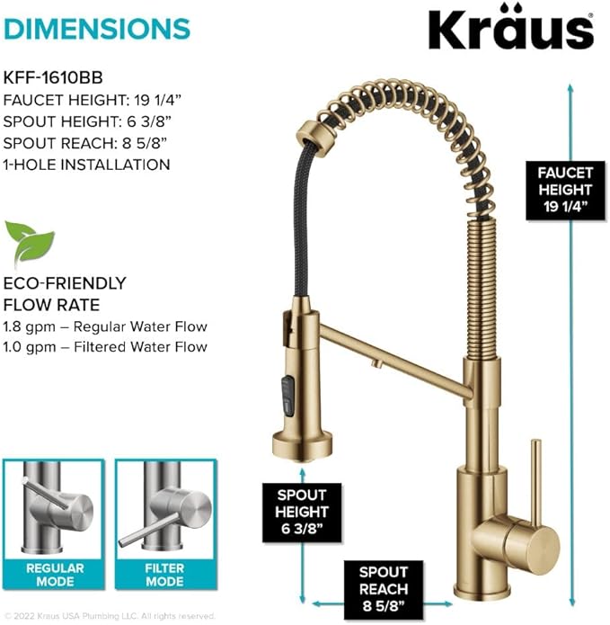 KRAUS Bolden 2-in-1 Commercial Style Pull-Down Single Handle Water Filter Kitchen Faucet for Reverse Osmosis or Water Filtration System in Brushed Brass, KFF-1610BB