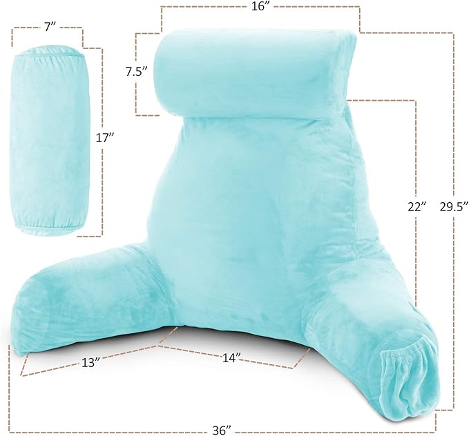 Nestl Reading Pillow Large Bed Pillow, Back Pillow for Sitting in Bed Shredded Memory Foam Chair Pillow, Reading & Bed Rest Pillows Light Blue Back Pillow for Bed, Bed Chair Arm Pillow with Pockets