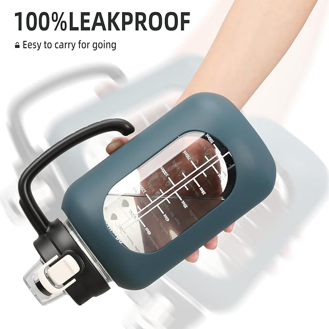 64oz Glass Water Bolttles Half Gallon Large Motivational Water Bottle with Time Marker Sports Water Bottles with Silicone Sleeve and Handle Lid Water Jug for Gym Workout-1 Pack