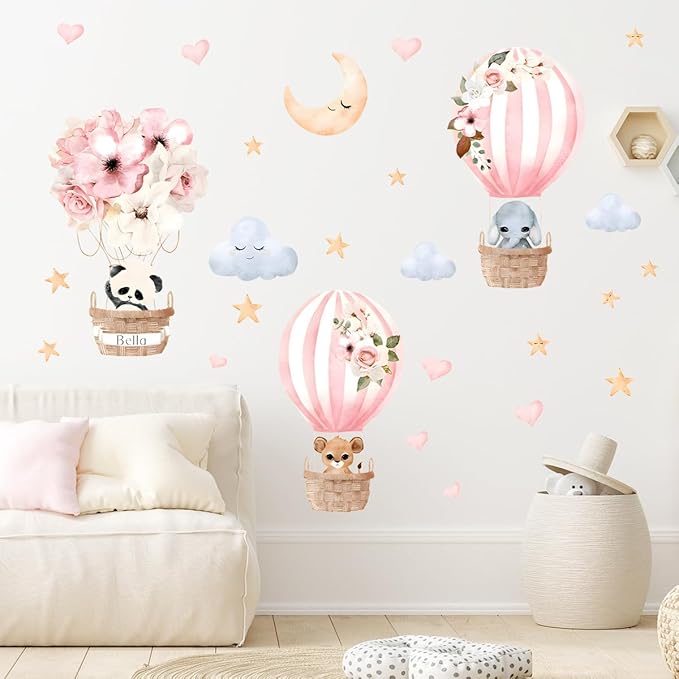 Cute Panda Elephant Hot Air Balloon Animals Wall Decals Star Moon Cloud Flower Balloon Nursery Wall Stickers Baby Girl Wall Decor