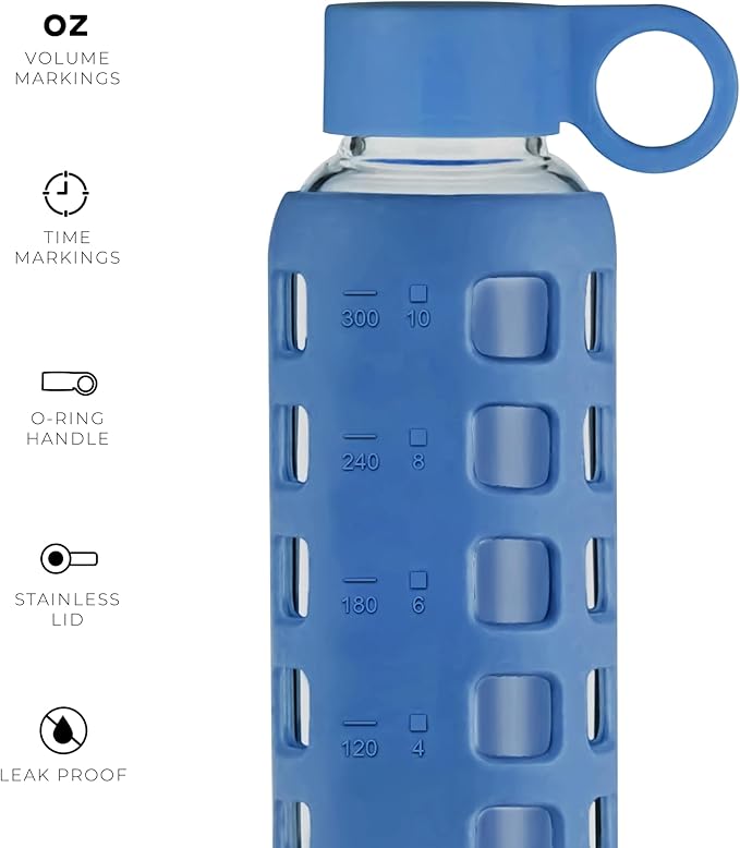 purifyou Premium 40/32 / 22/12 oz Glass Water Bottles with Volume & Times to Drink, Silicone Sleeve & Stainless Steel Lid Insert, Reusable Bottle for Fridge Water, Juice (12oz Chinese Porcelain)