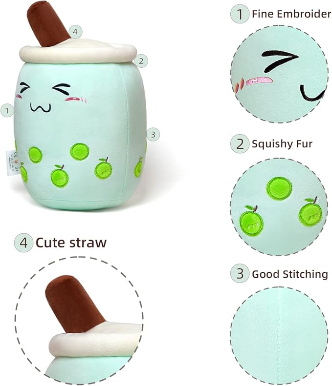 Niuniu Daddy 13in Green Boba Plushie - Cute Bubble Tea Stuffed Toy Pillow for Kids and Toddlers - Great Birthday/Christmas Gift