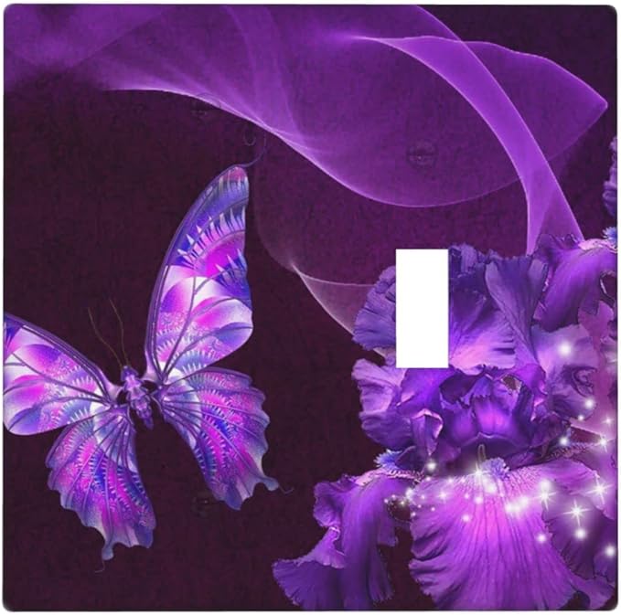 Purple Butterfly Flower Combo Single Blank 1 Single Toggle Light Switch Wall Plate Cover Decorative 2-Gang for Electrical Girls Room Bathroom Bedroom Home Kitchen One Receptacle 4.5" x 4.6"