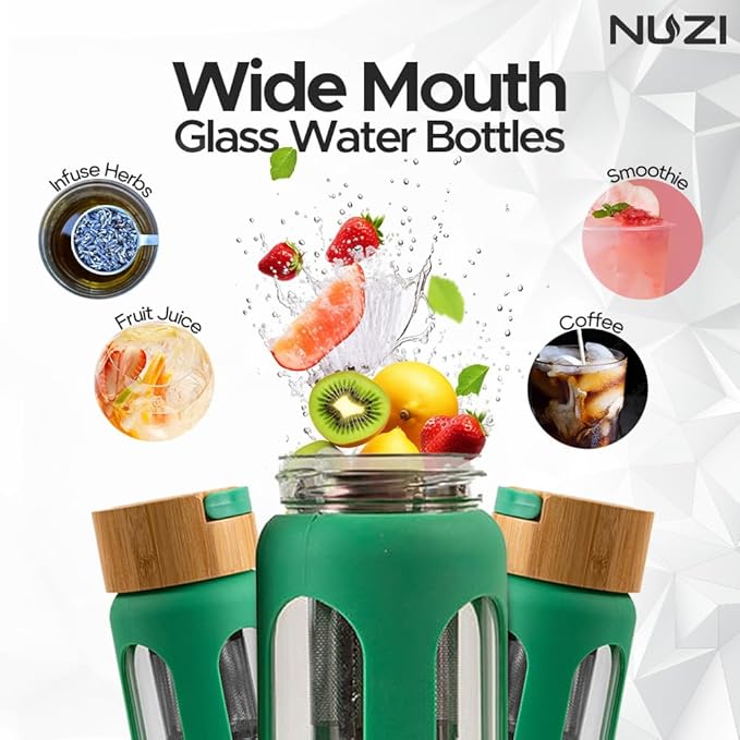 Glass Water Bottles with Stainless Steel Fruit Infuser | Insulated Water Bottle | Reusable Glass Water Bottles with Silicone Sleeve & Bamboo Lid | BPA Free and Leakproof | Sea Green | 1 Pc