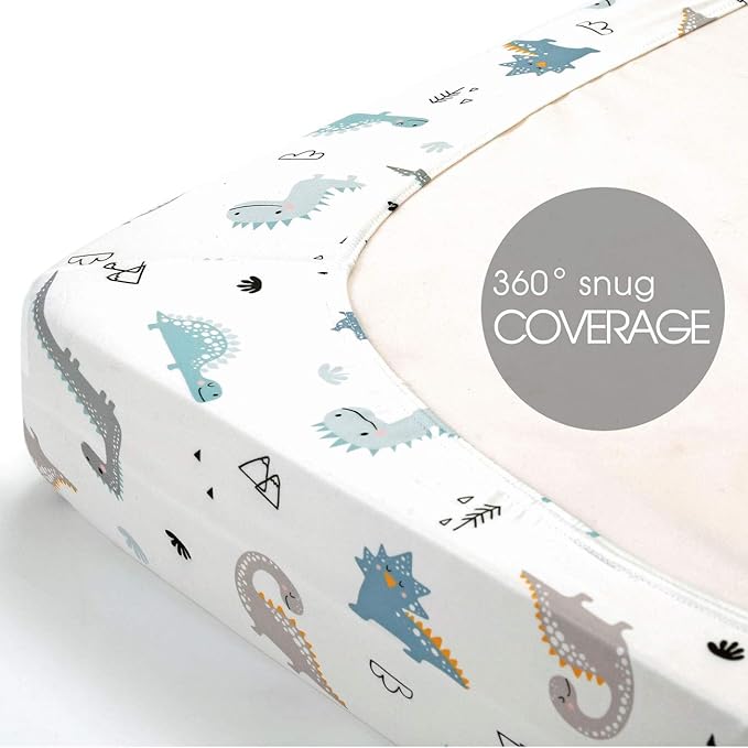 GRSSDER Stretchy Ultra Soft Jersey Knit Fitted Pack n Play Sheets Set 2 Pack, Portable/Mini Crib Sheets for Boys, Universal Fit for Pack N Plays Safe and Snug, Happy Dinosaurs for Baby